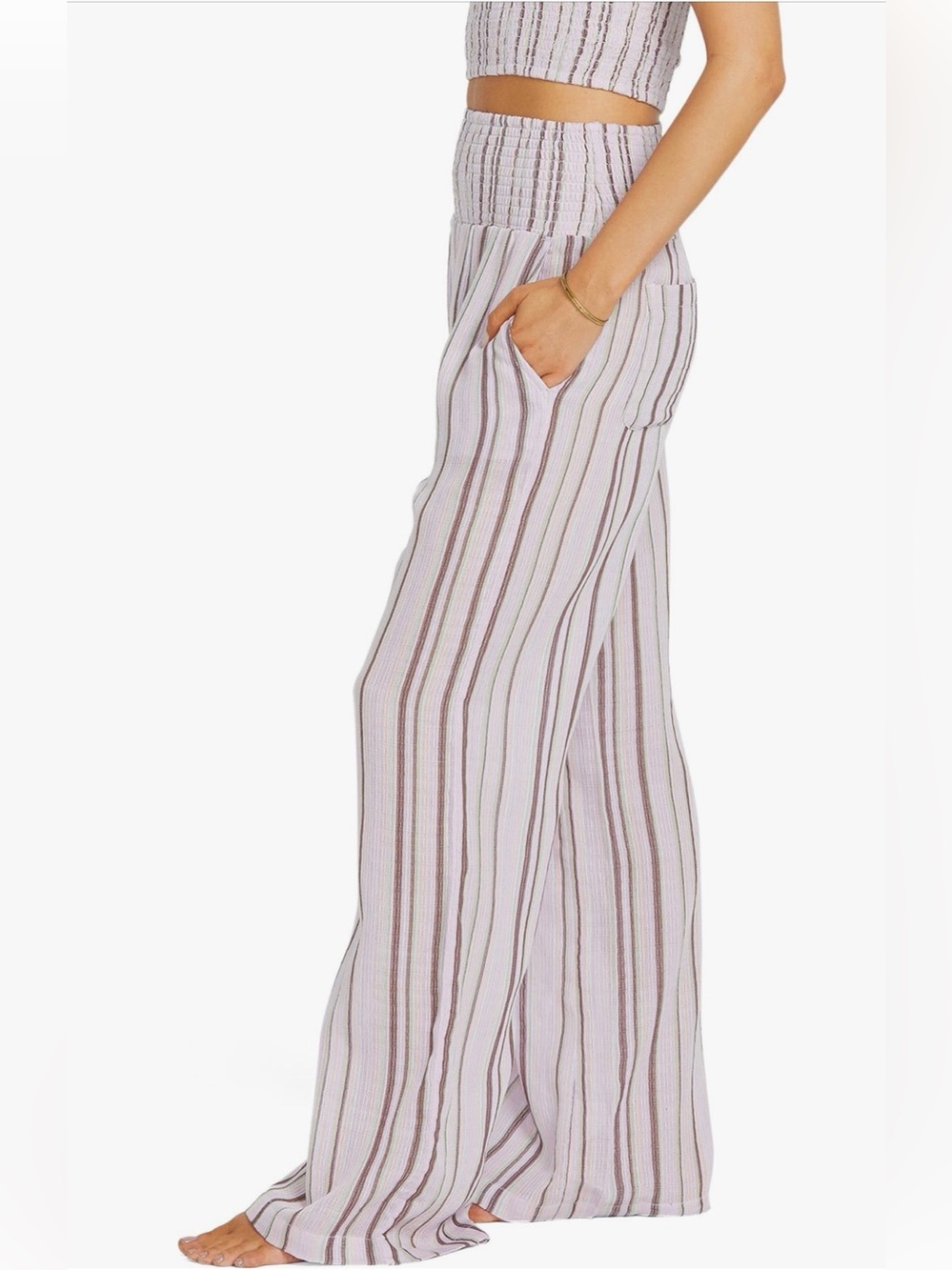 Billabong Smocked-Waist Wide Leg Striped Pants - Cream & Black Small - Picture 8 of 8